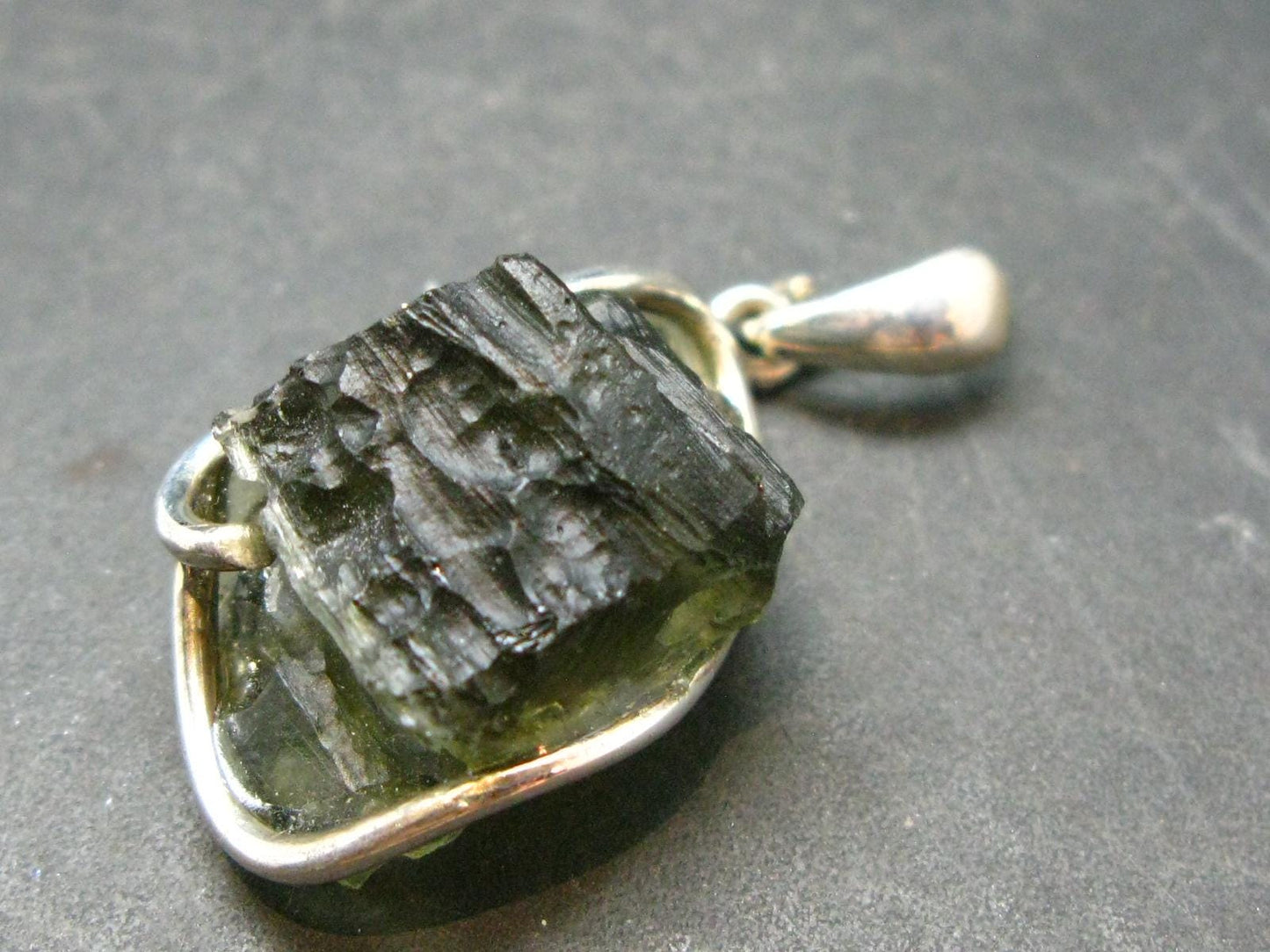 Moldavite Tektite Silver Clover Pendant from Czech Republic - 1.5" - 5.64 Grams