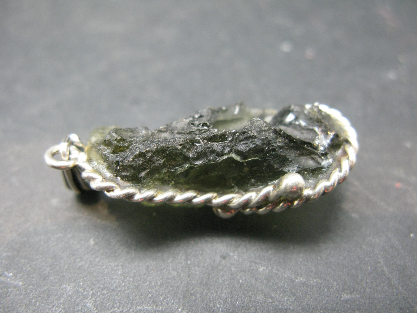 Moldavite Tektite Silver Pendant from Czech Republic - 1.7" - 6.54 Grams