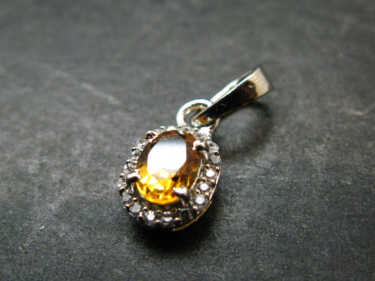 Yellow Citrine Gem Facetted Sterling Silver Pendant From Brazil With CZ - 0.7" - 1.21 Grams
