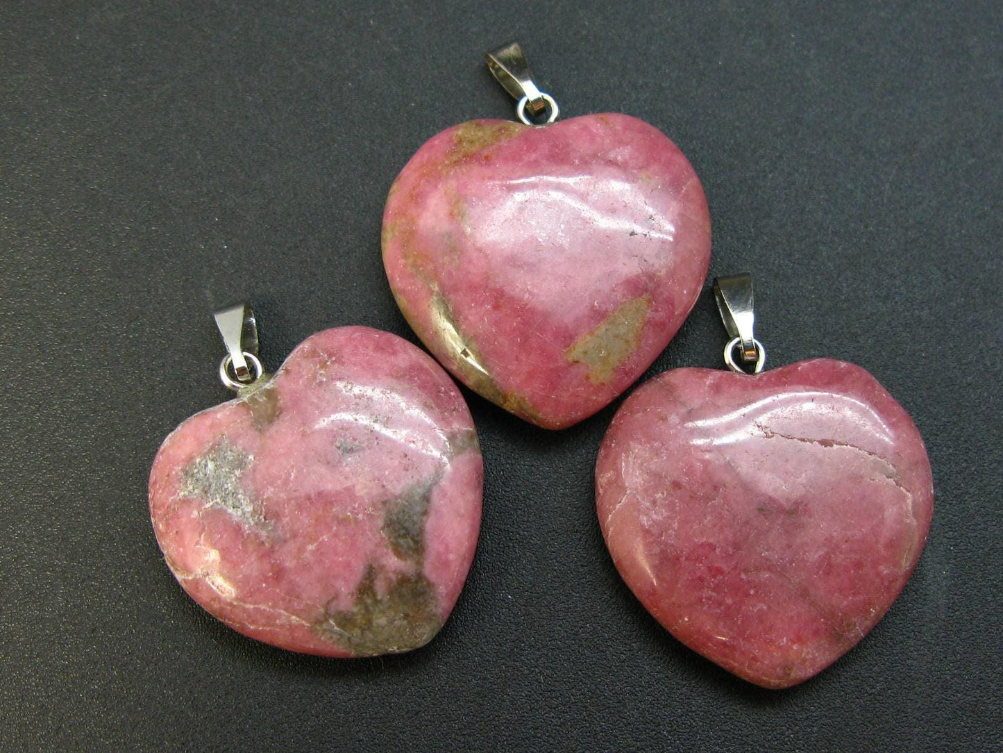 Lot of 3 Natural Rhodonite Heart Shape Pendants from Canada