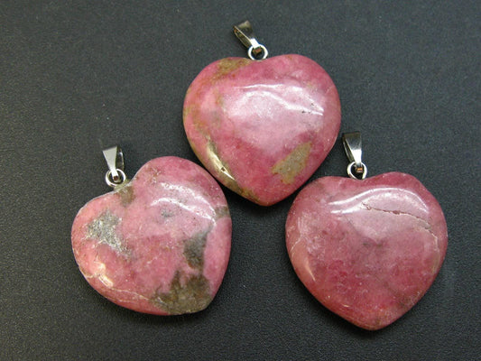 Lot of 3 Natural Rhodonite Heart Shape Pendants from Canada