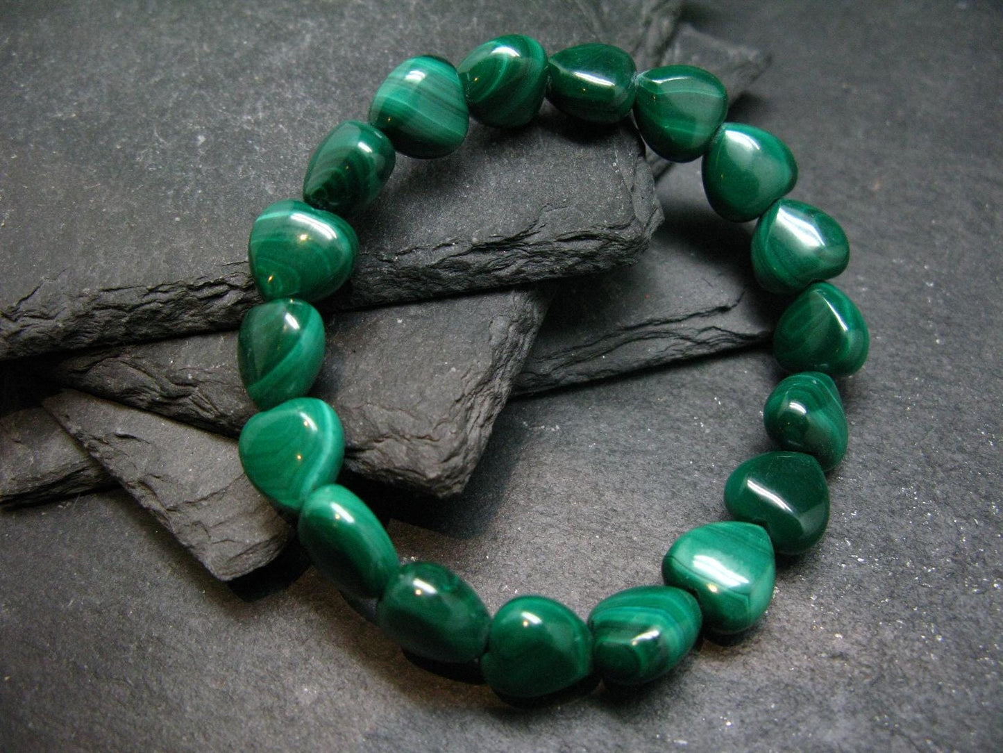 Malachite Genuine Bracelet ~ 7 Inches ~ 10mm Heart Beads