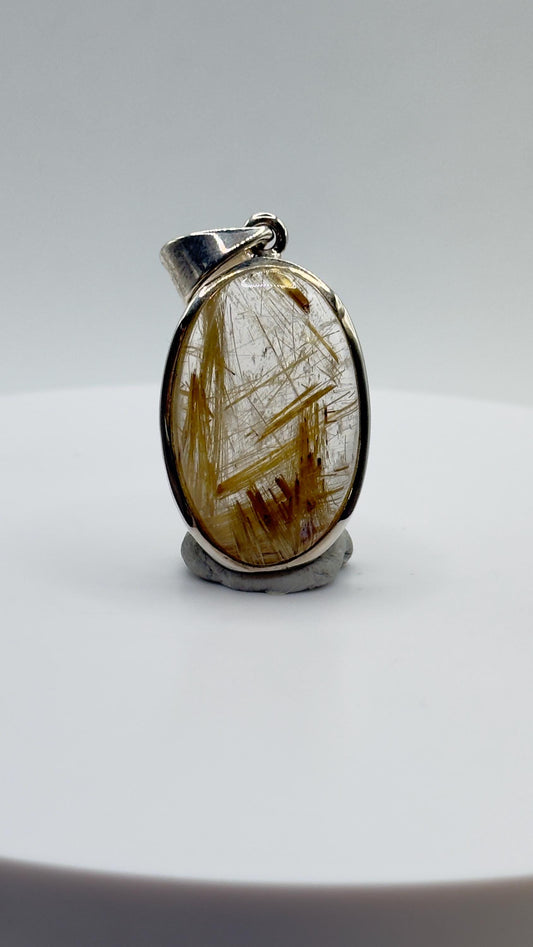 Natural Rutilated Quartz Pendant – Golden Needle Crystal in Sterling Silver