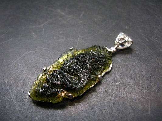 Moldavite Tektite Silver Dragon Pendant from Czech Republic - 2.4" - 11.78 Grams