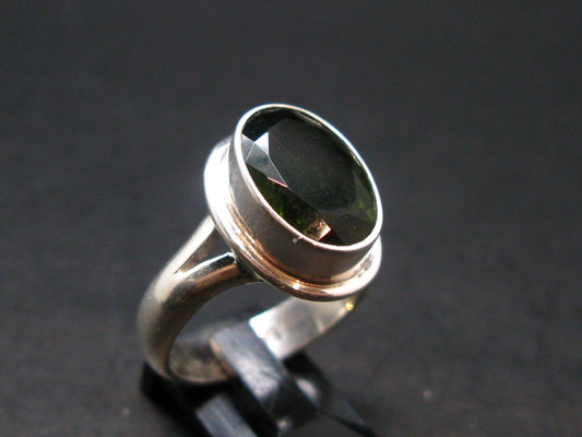 Moldavite Tektite Facetted Silver Ring from Czech Republic - Size 10 - 8.0 Grams