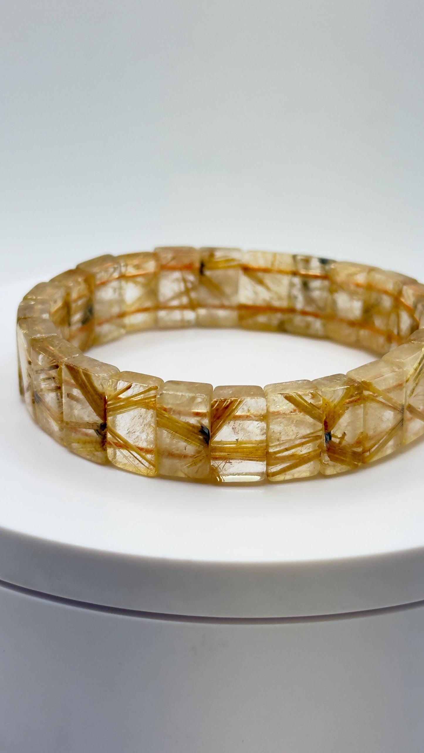 Golden Rutilated Quartz Tile Bracelet – Natural Gemstone Stretch Jewelry