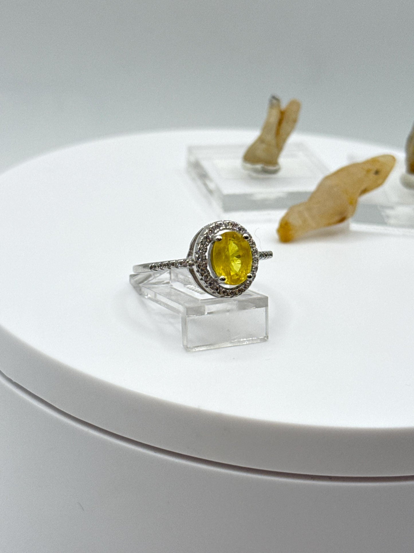 Yellow Sapphire Halo Ring | Sterling Silver, September Birthstone (Size 8)