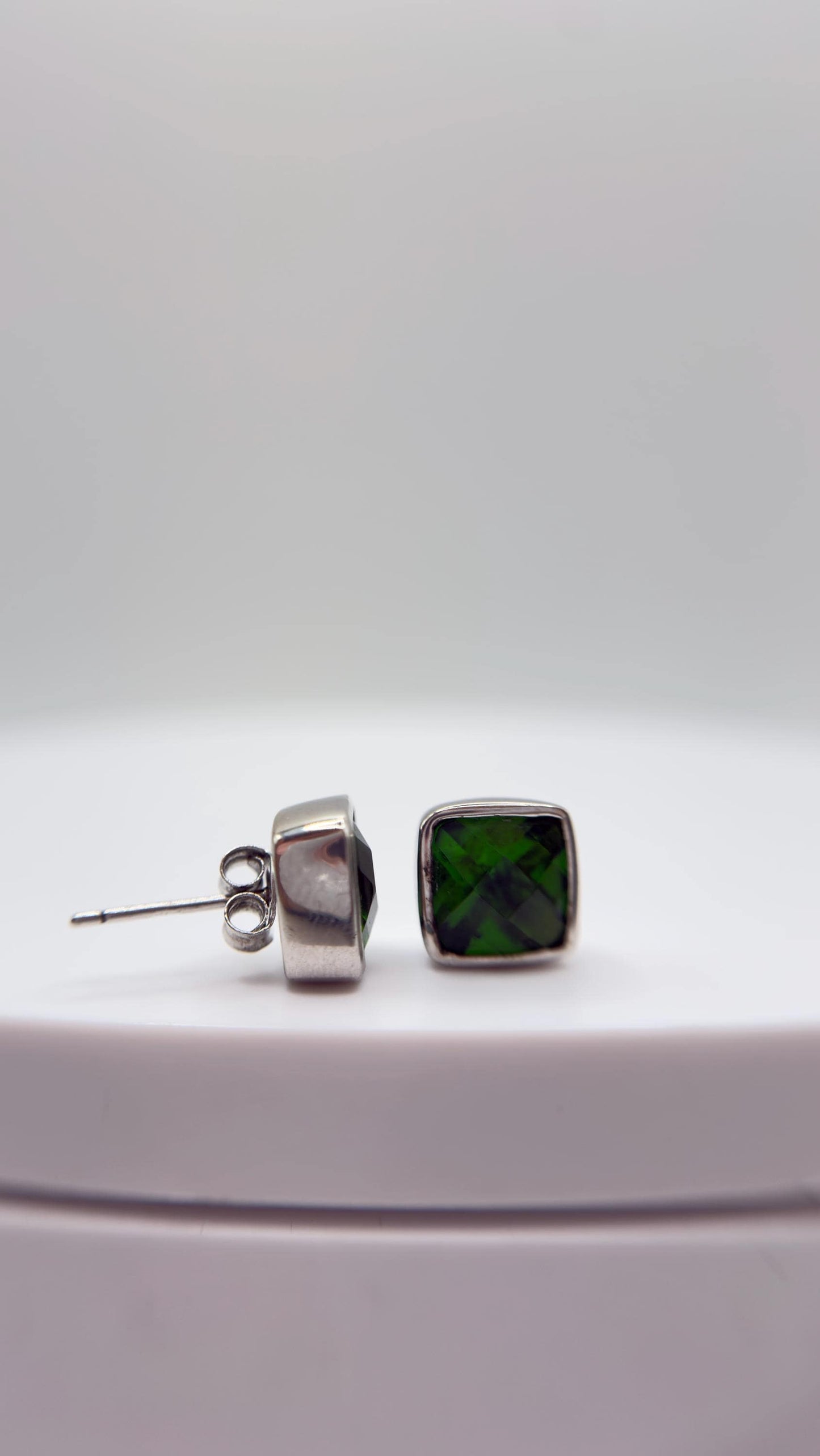 Green Helenite Stud Earrings – Square Cushion Cut Sterling Silver Studs