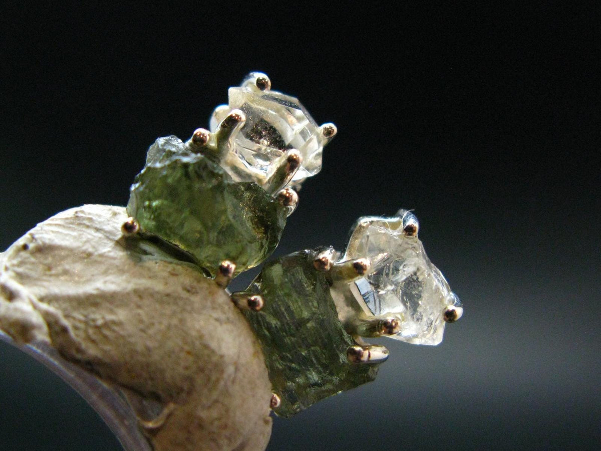 Moldavite & Herkimer Diamond Silver Stud Earrings - 0.4" - 2.52 Grams