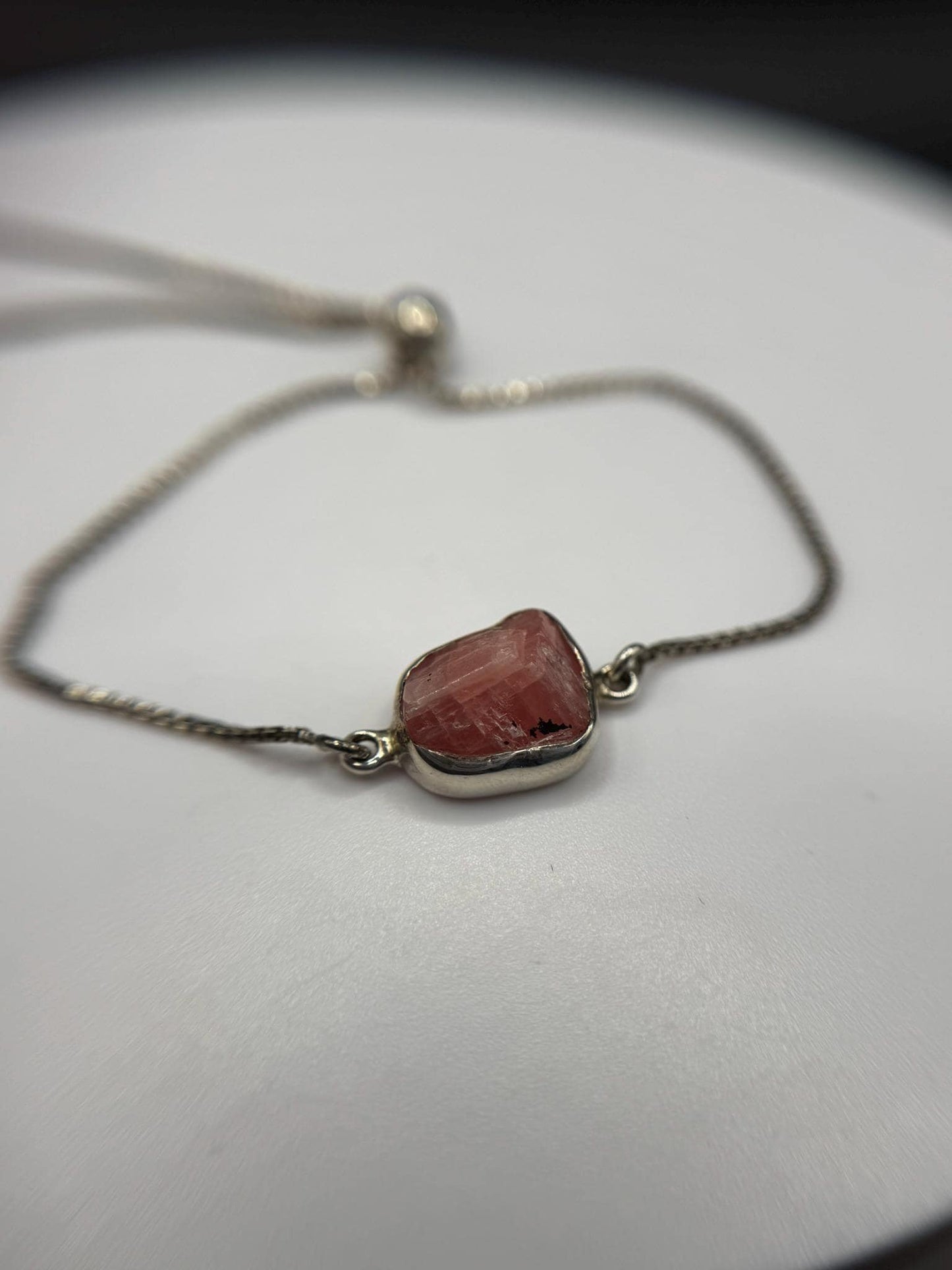 Natural Rhodochrosite Sterling Silver Chain Bracelet | Pink Crystal Adjustable Bracelet