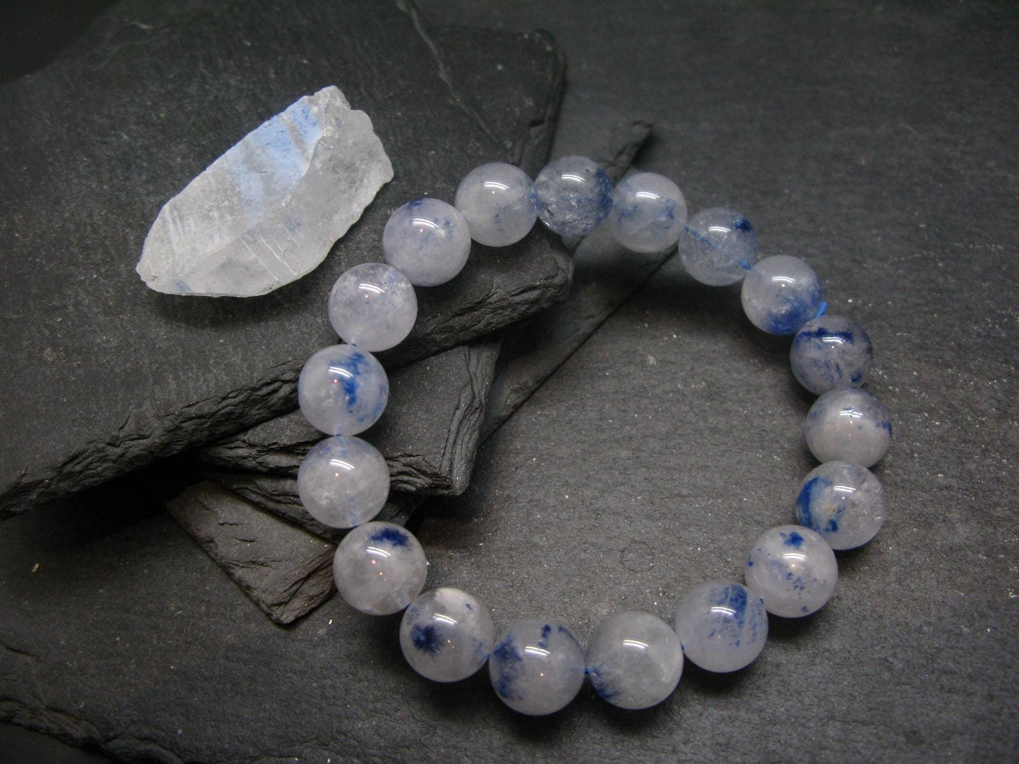 Dumortierite In Quartz Genuine Bracelet ~ 7.5 Inches ~ 12mm Round Beads