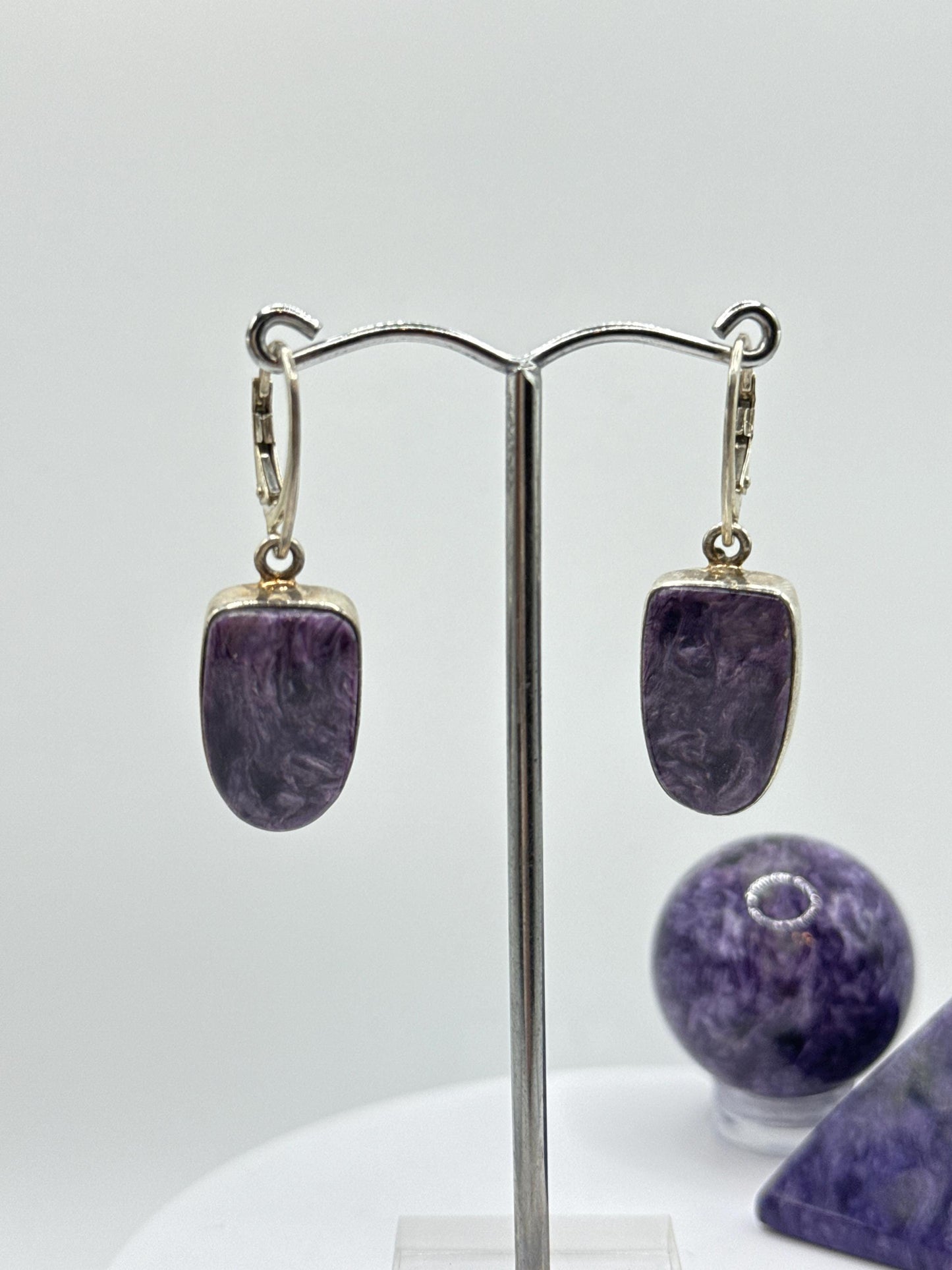 Charoite & Sterling Silver Oval Drop Earrings - 9.68 Grams
