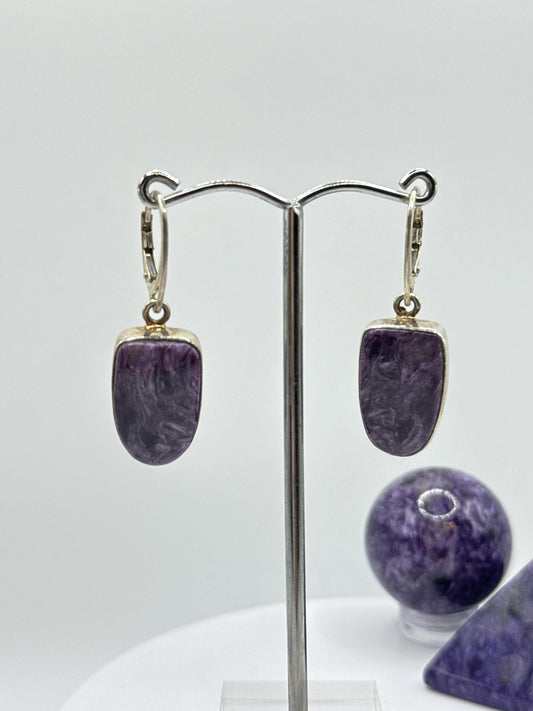 Charoite & Sterling Silver Oval Drop Earrings - 9.68 Grams