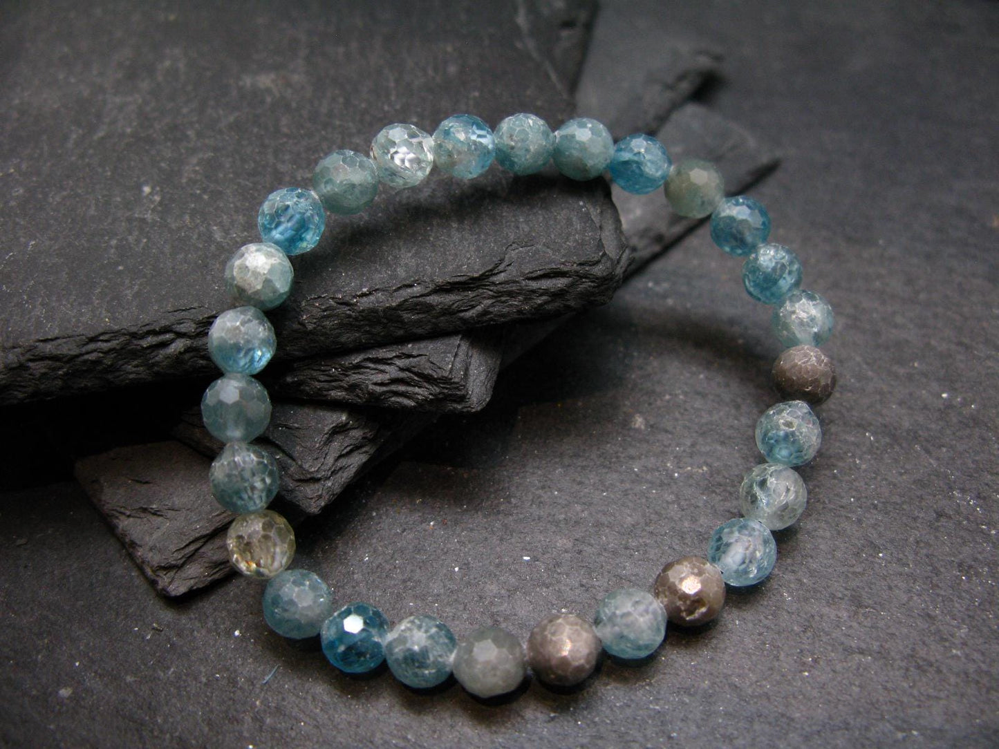Blue Zircon Genuine Bracelet ~ 6.5 Inches ~ 7mm Facetted Beads