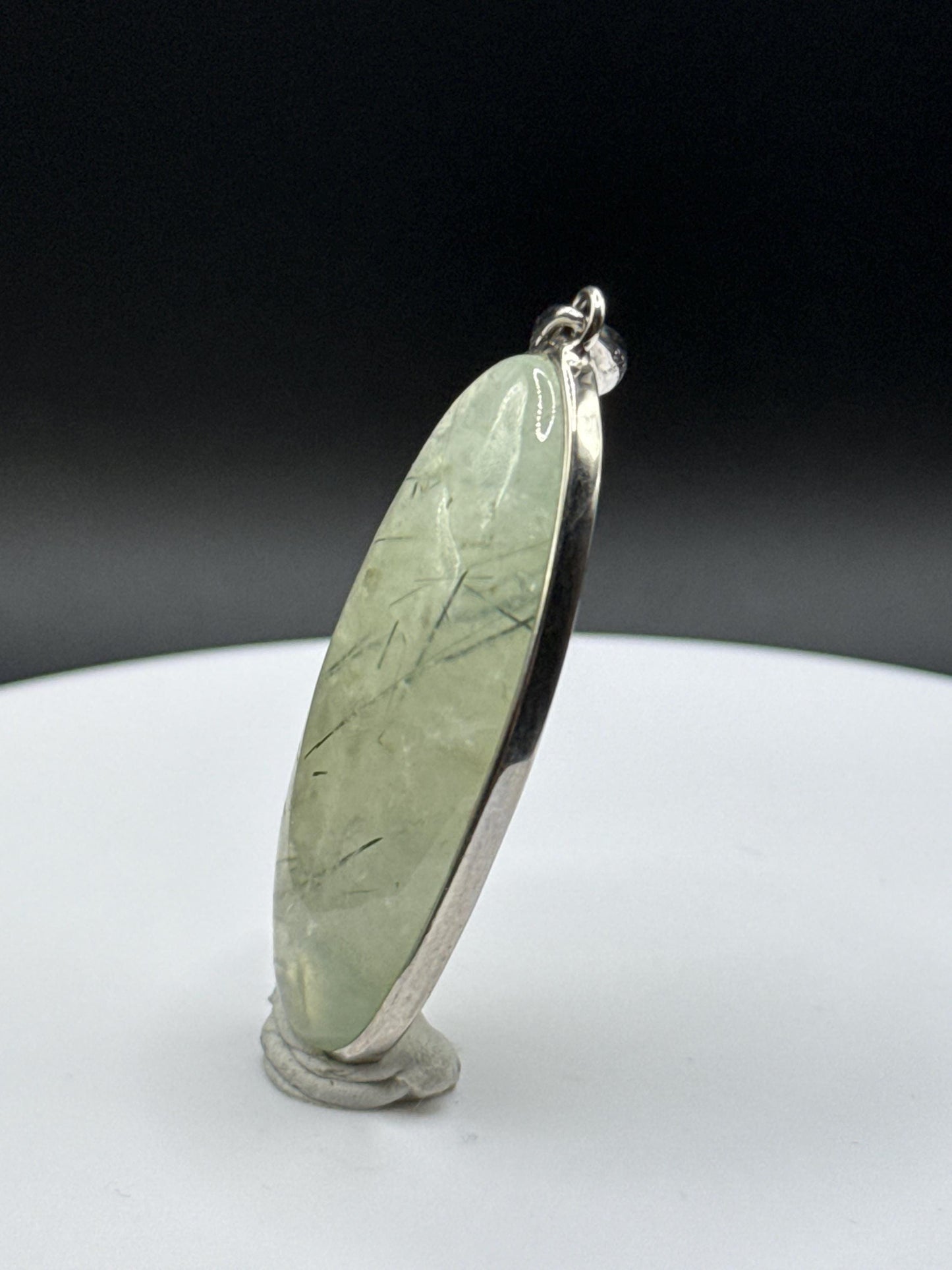 Prehnite Oval Pendant | Tourmaline Inclusions | Sterling Silver Jewelry