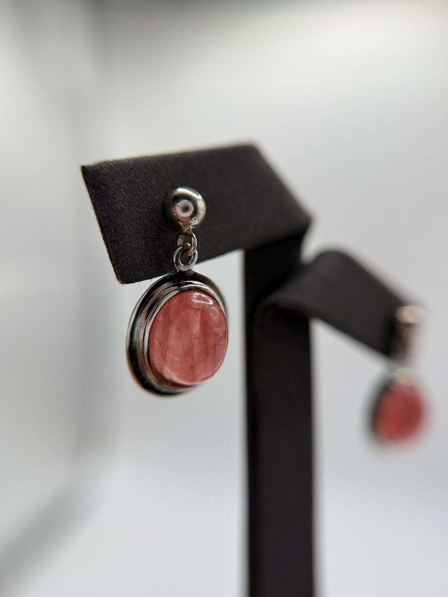 Natural Rhodochrosite Oval Drop Earrings in Sterling Silver | Pink Crystal Earrings