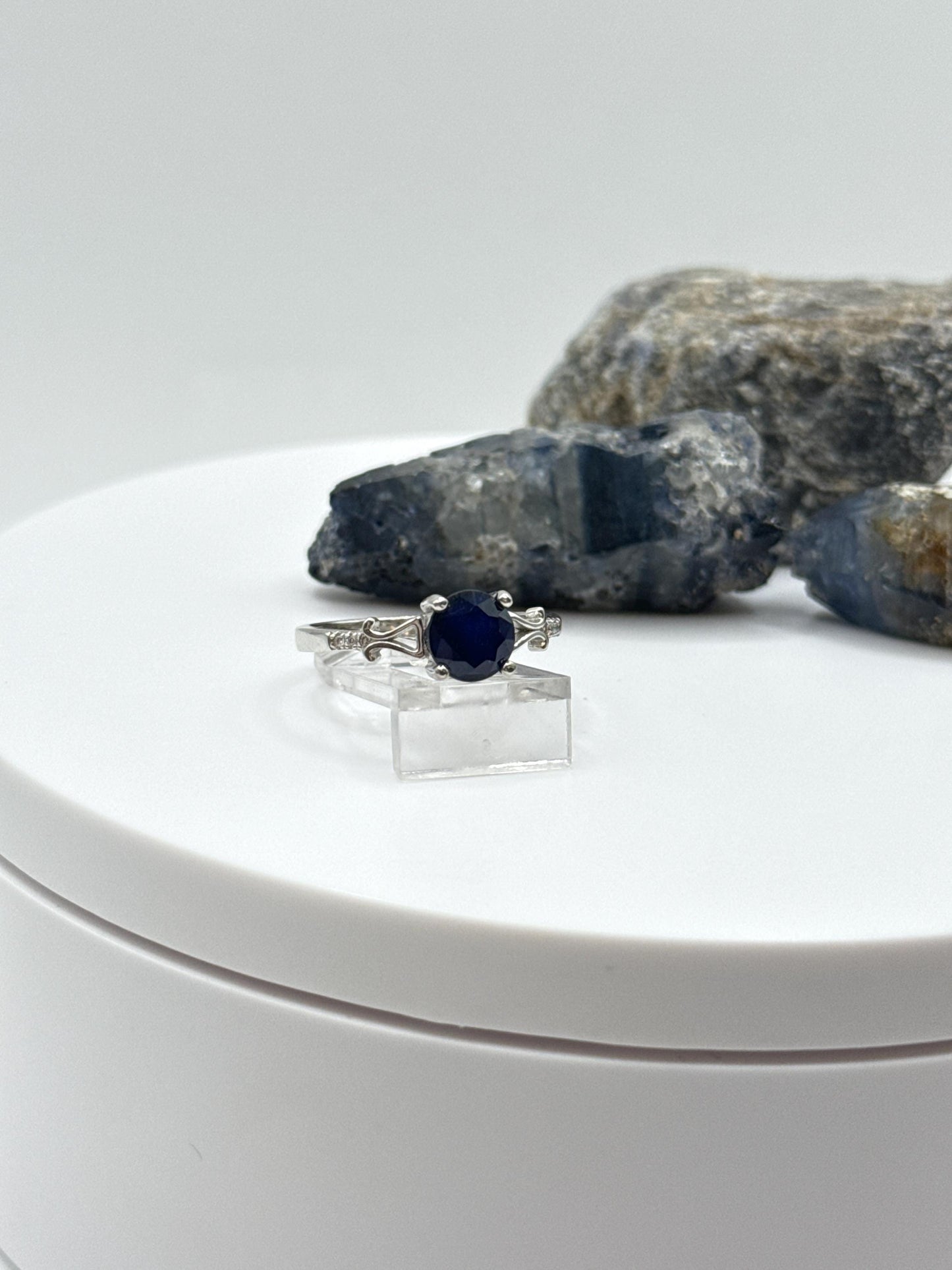 Blue Sapphire Filigree Ring: Sterling Silver Vintage Style - Size 8
