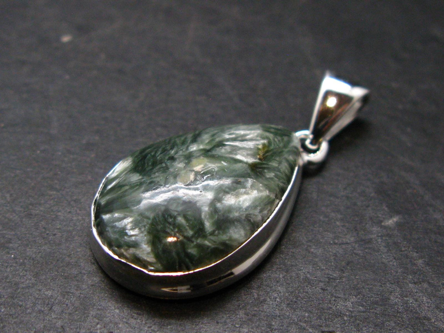 Nice Polished Seraphinite Clinochlore Stalactite Silver Plated Pendant From Russia - 1.3" - 5.05 Grams