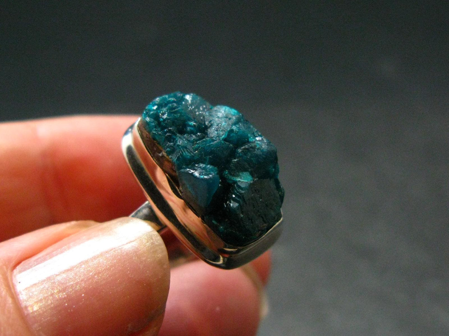 Emerald Green Dioptase Crystal Silver Ring from Congo - 6.49 Grams - Size 8