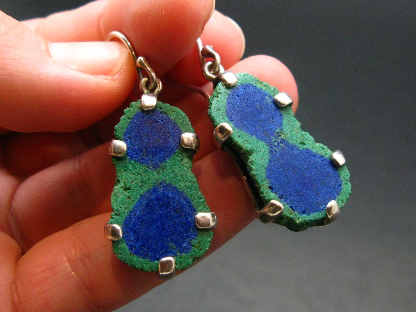 Natural Raw Deep Blue Azurite with Green Malachite Earrings In Sterling Silver From Mexico - 1.7"