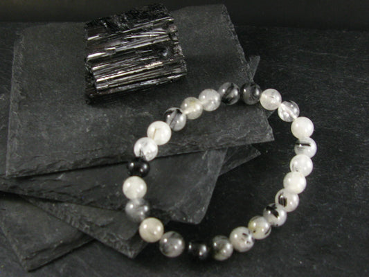 Tourmalinated Quartz w/ Black Tourmaline Genuine Bracelet ~ 7 Inches ~ 8mm Round Beads
