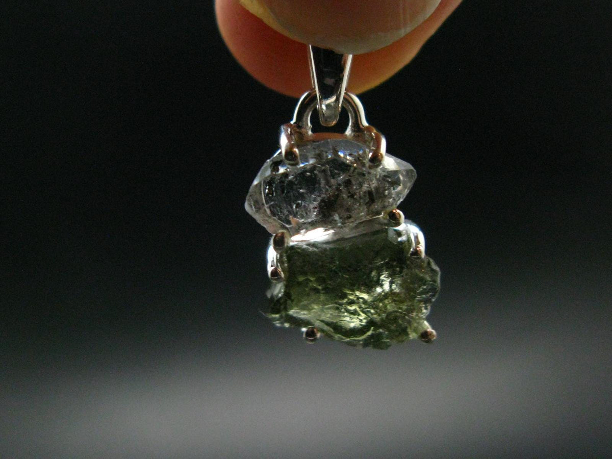 Moldavite & Herkimer Diamond Silver Pendant - 0.9" - 2.23 Grams