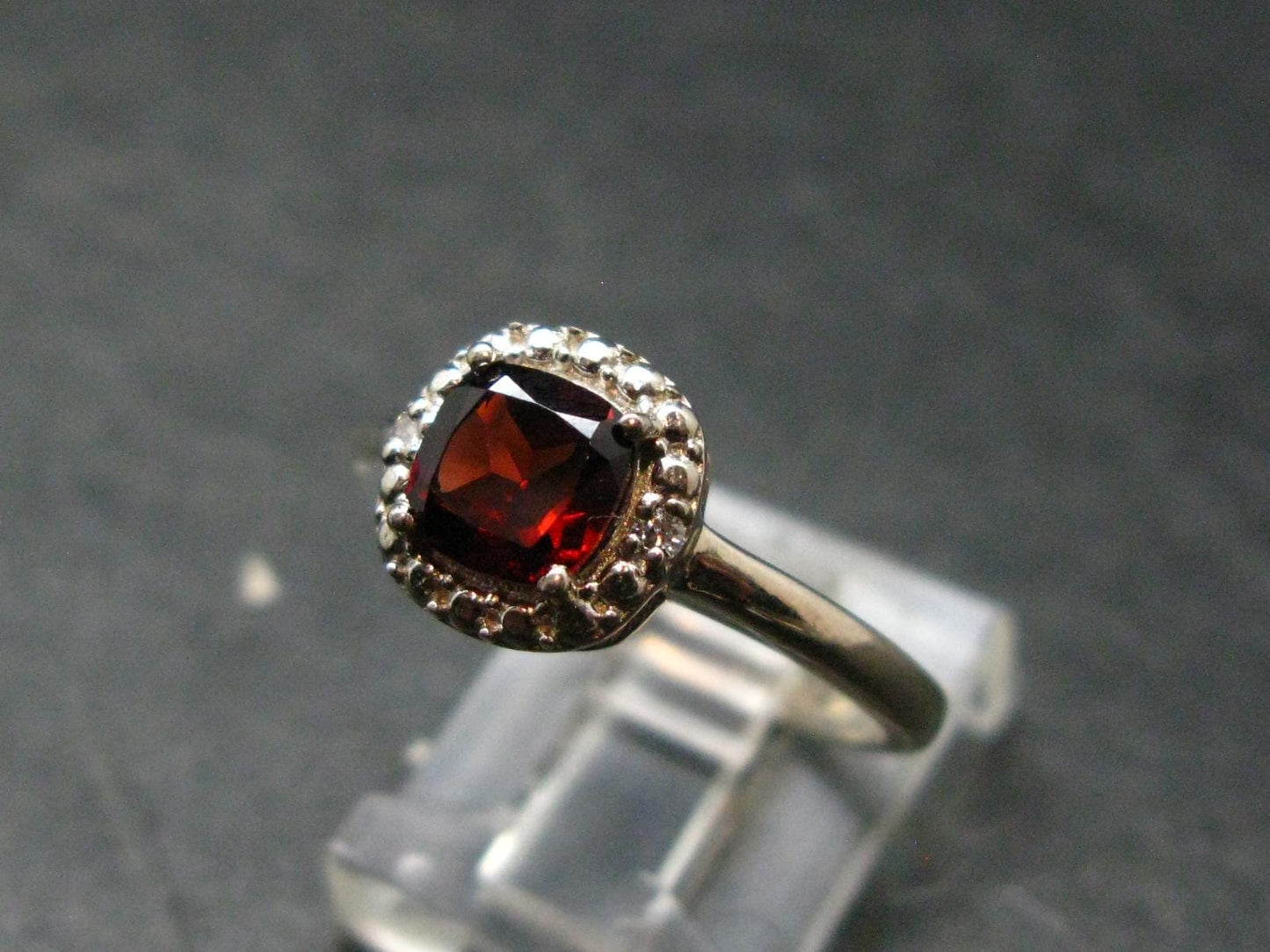Red Garnet Rhodium Plated Sterling Silver Ring with CZ - Size 8 - 2.47 Grams
