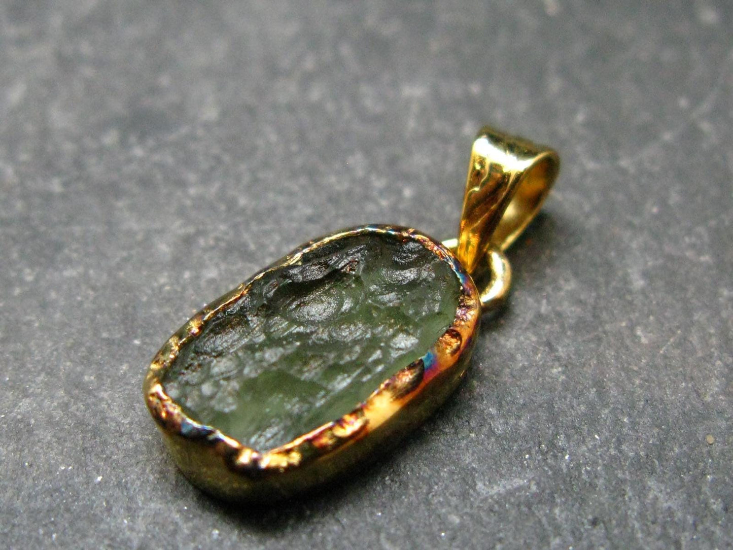 Moldavite Tektite Gold Plated Silver Pendant from Czech Republic - 0.8" - 1.0 Grams