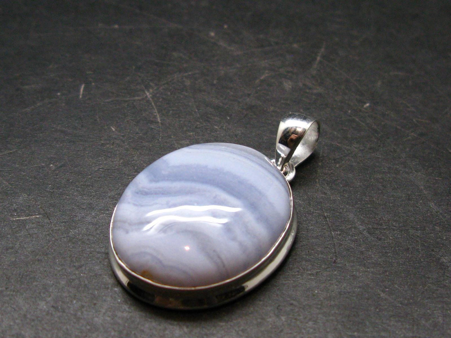 Rare Blue Lace Holly Chalcedony Agate Silver Plated Pendant From Malawi - 1.5" - 8.55 Grams
