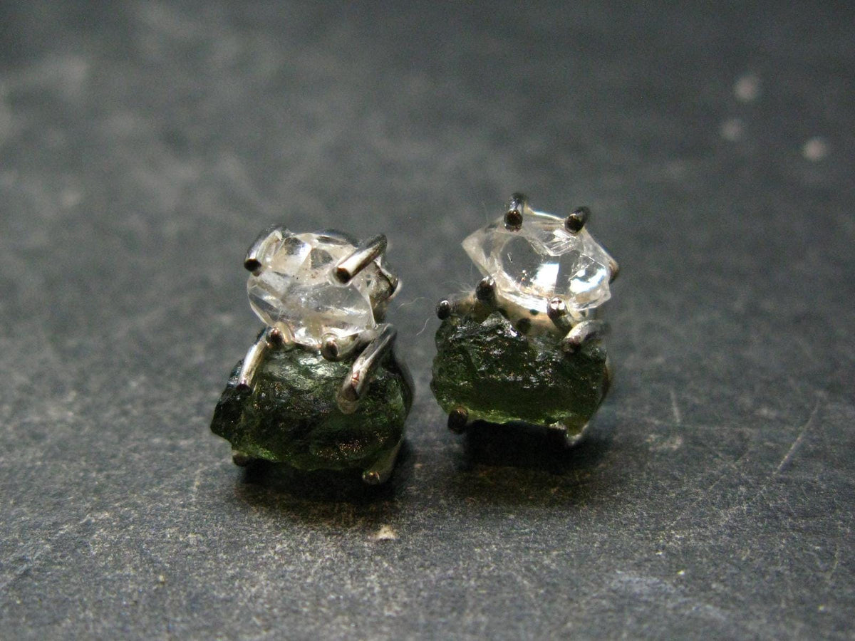 Moldavite & Herkimer Diamond Silver Stud Earrings - 0.7" - 2.61 Grams