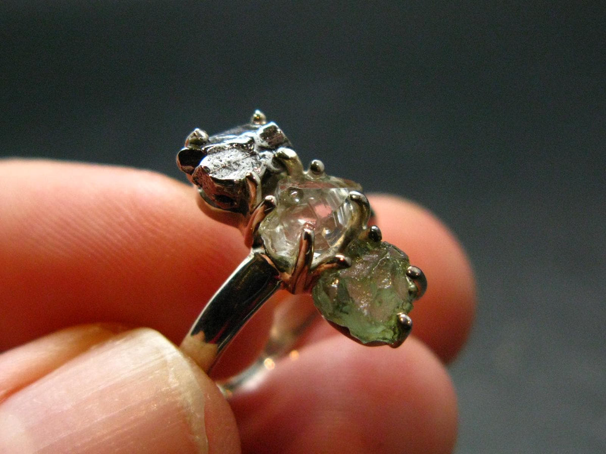 Moldavite Herkimer Meteorite Sterling Silver Ring From Czech Republic - Size 5 - 2.91 Grams