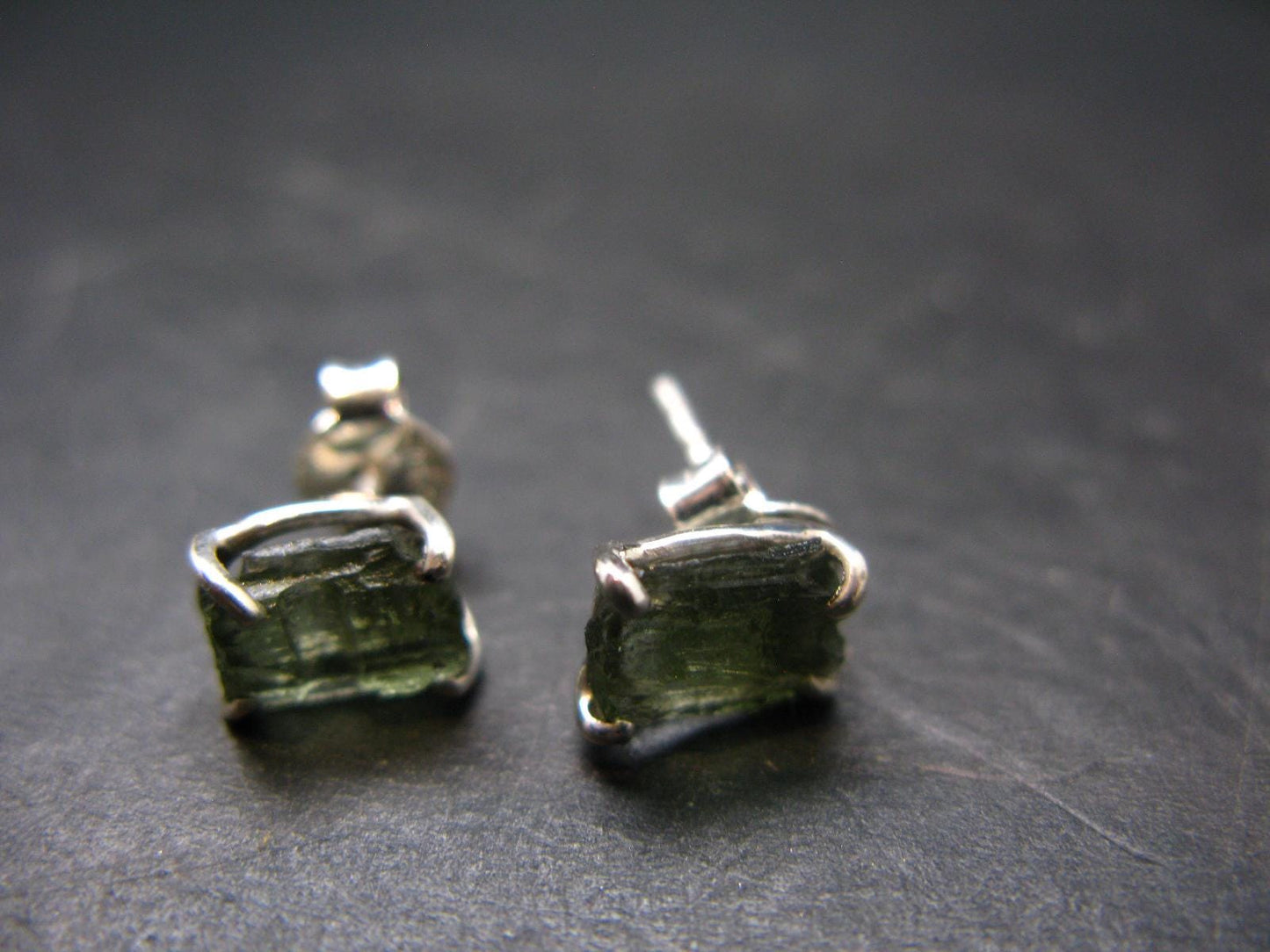Natural Moldavite Tektite Raw Stud Earrings In Sterling Silver From Czech Republic - 1.64 Grams