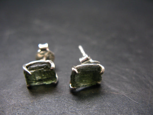Natural Moldavite Tektite Raw Stud Earrings In Sterling Silver From Czech Republic - 1.64 Grams
