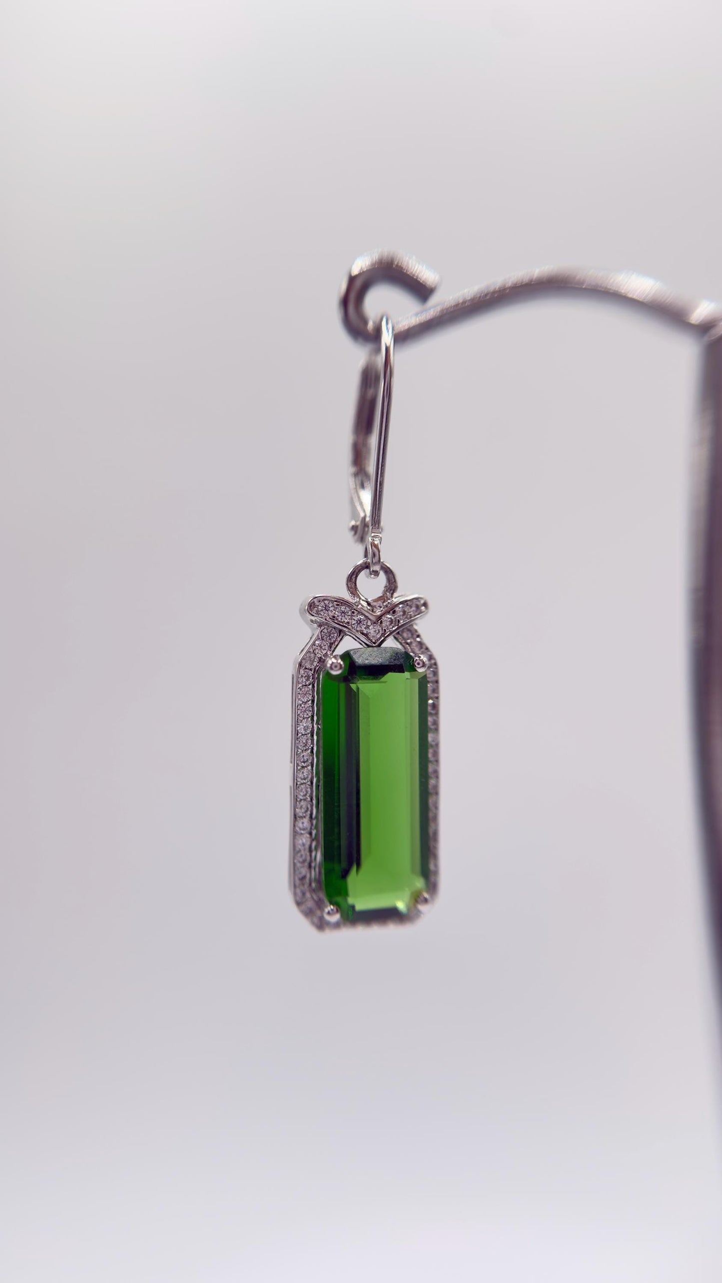 Green Helenite Emerald Cut Earrings – Halo Sterling Silver Dangle Earrings