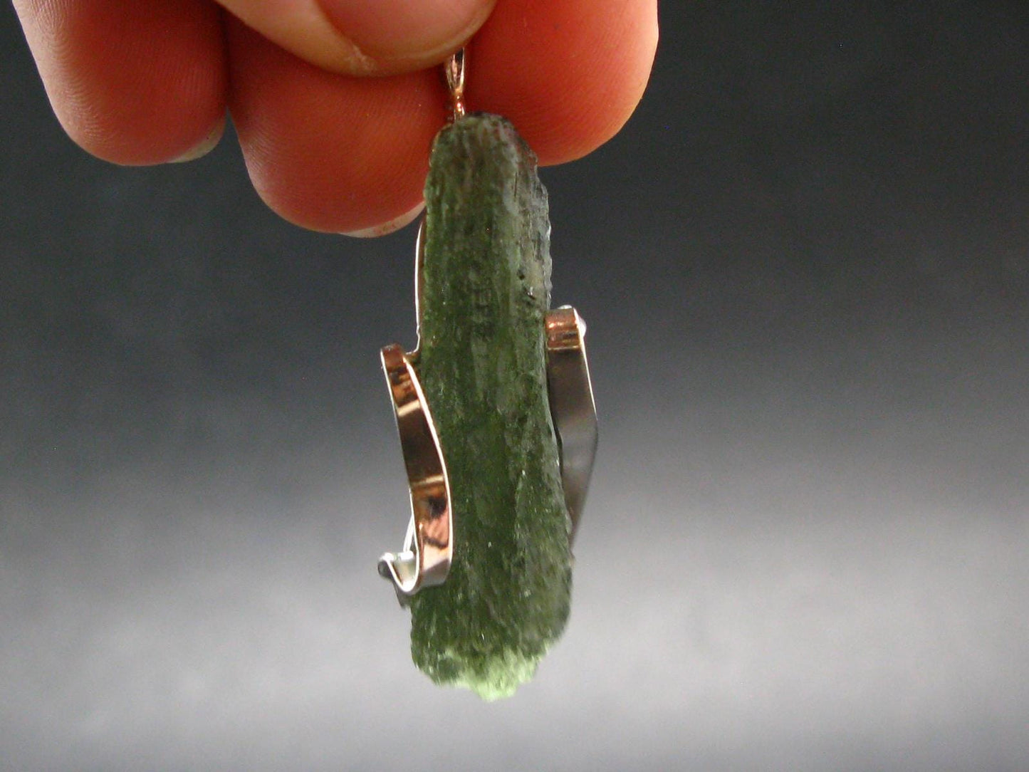 Gem Moldavite Tektite SS Pendant From Czech Republic - 1.8" - 5.1 Grams