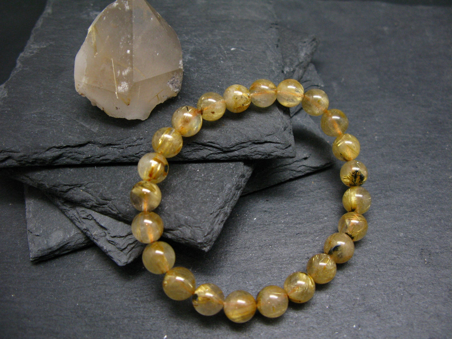 Rutilated Quartz (Rutile & Hematite) Genuine Bracelet ~ 7 Inches ~ 8mm Round Beads