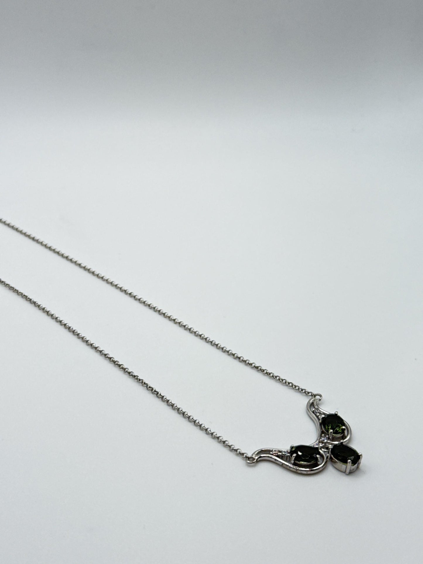 Sterling Silver Moldavite Necklace – Triple Oval-Cut Gemstones - 6.28 Grams