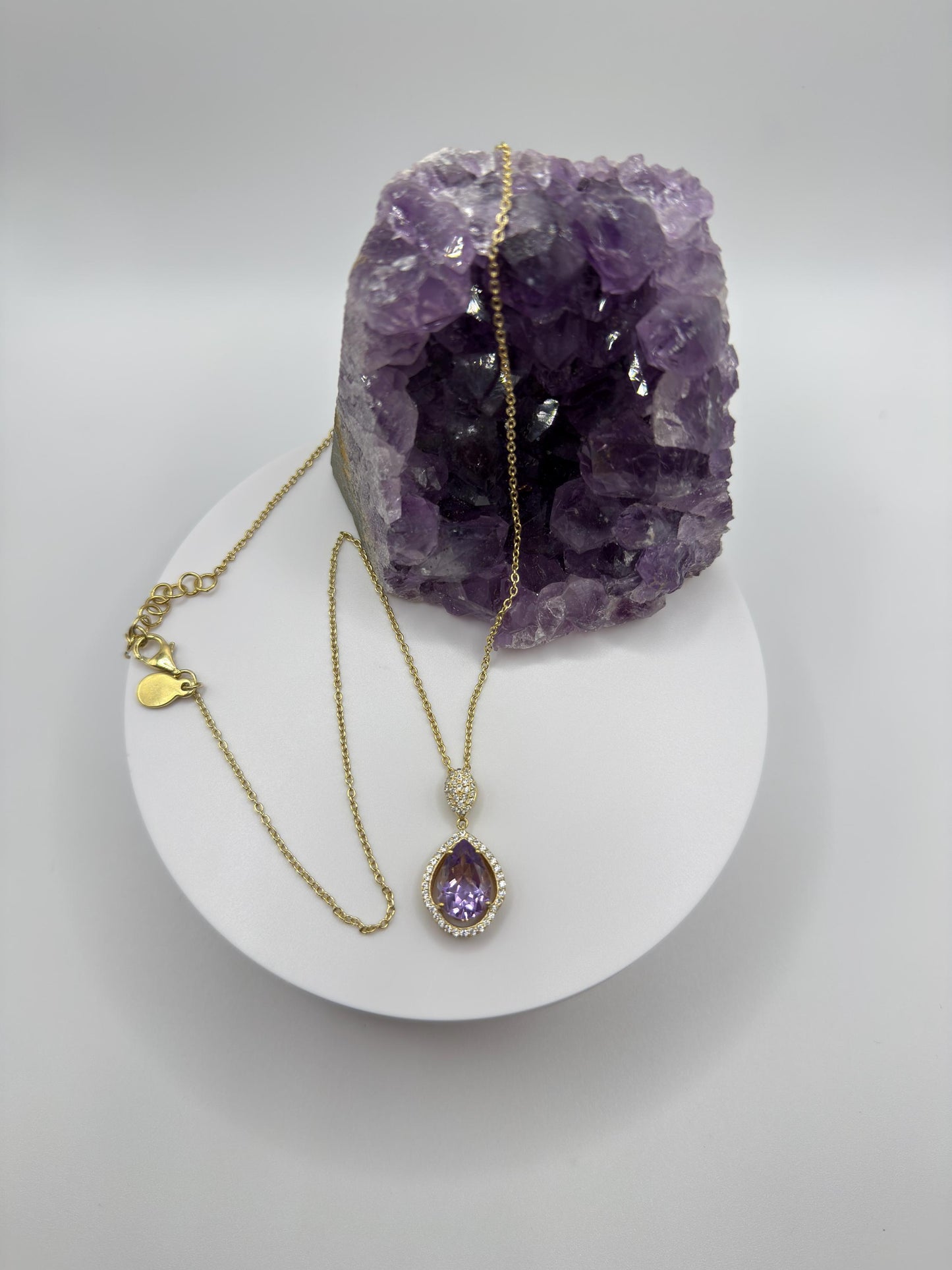 Natural Amethyst Pendant Necklace – 14k Gold Plated Sterling Silver Chain – Crystal Jewelry - 7.26 Grams