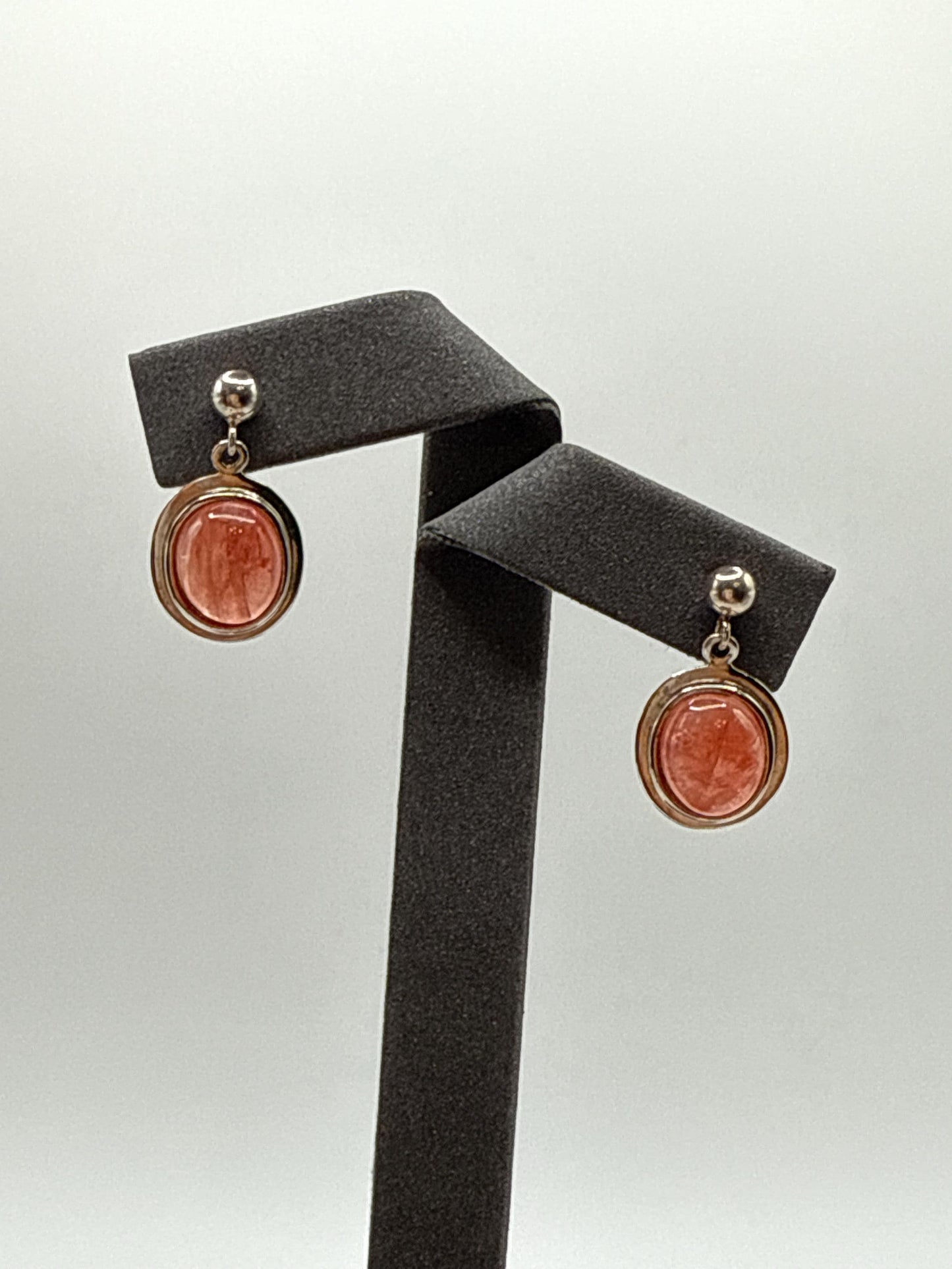 Natural Rhodochrosite Oval Drop Earrings in Sterling Silver | Pink Crystal Earrings