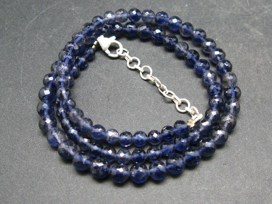 Natural Iolite Cordierite “Water Sapphire” Faceted Round Bead Necklace from India - 17"