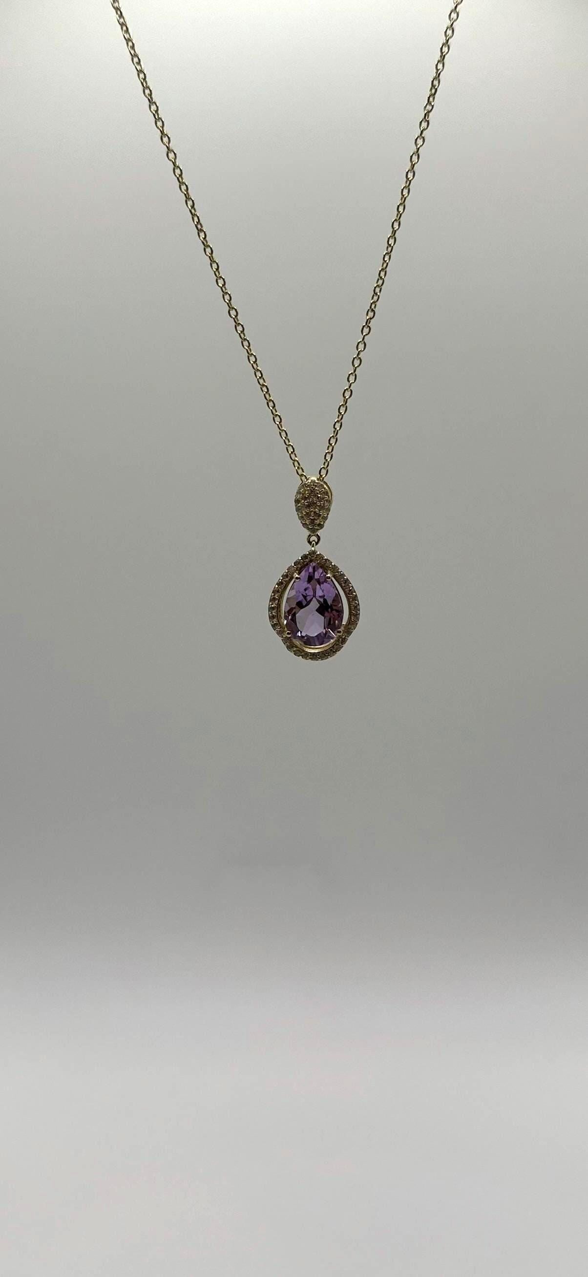 Natural Amethyst Pendant Necklace – 14k Gold Plated Sterling Silver Chain – Crystal Jewelry - 7.26 Grams