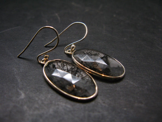 Large Tourmalinated Quartz Crystal Silver Earrings From Brazil - 1.4" - 3.80 Grams