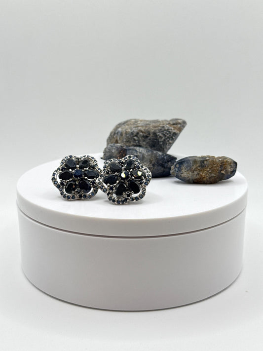 Floral Sapphire Earrings | Natural Blue Sapphire Jewelry | Sterling Silver Stud Earrings | September Birthstone Gift - Weight 15.58 Grams