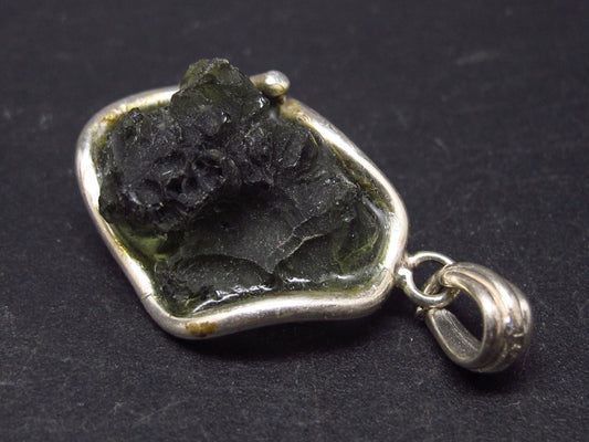 Shape!! Natural Gem Moldavite Tektite SS Pendant From Czech Republic - 4.9 Grams - 1.3"