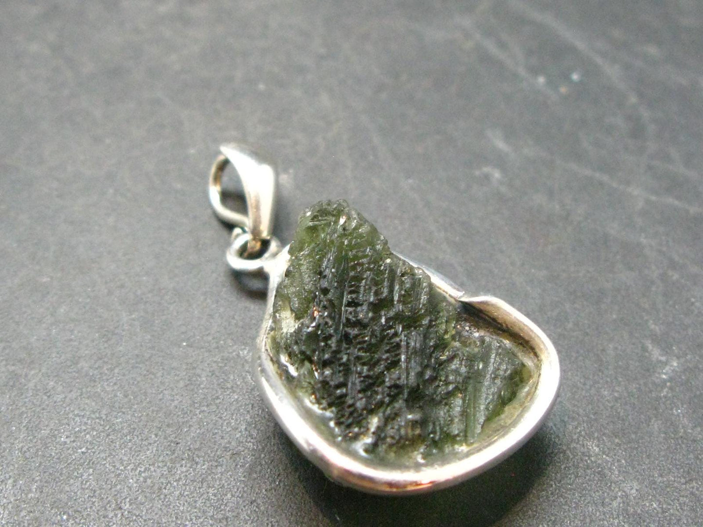 Moldavite Tektite Silver Clover Pendant from Czech Republic - 1.5" - 6.52 Grams