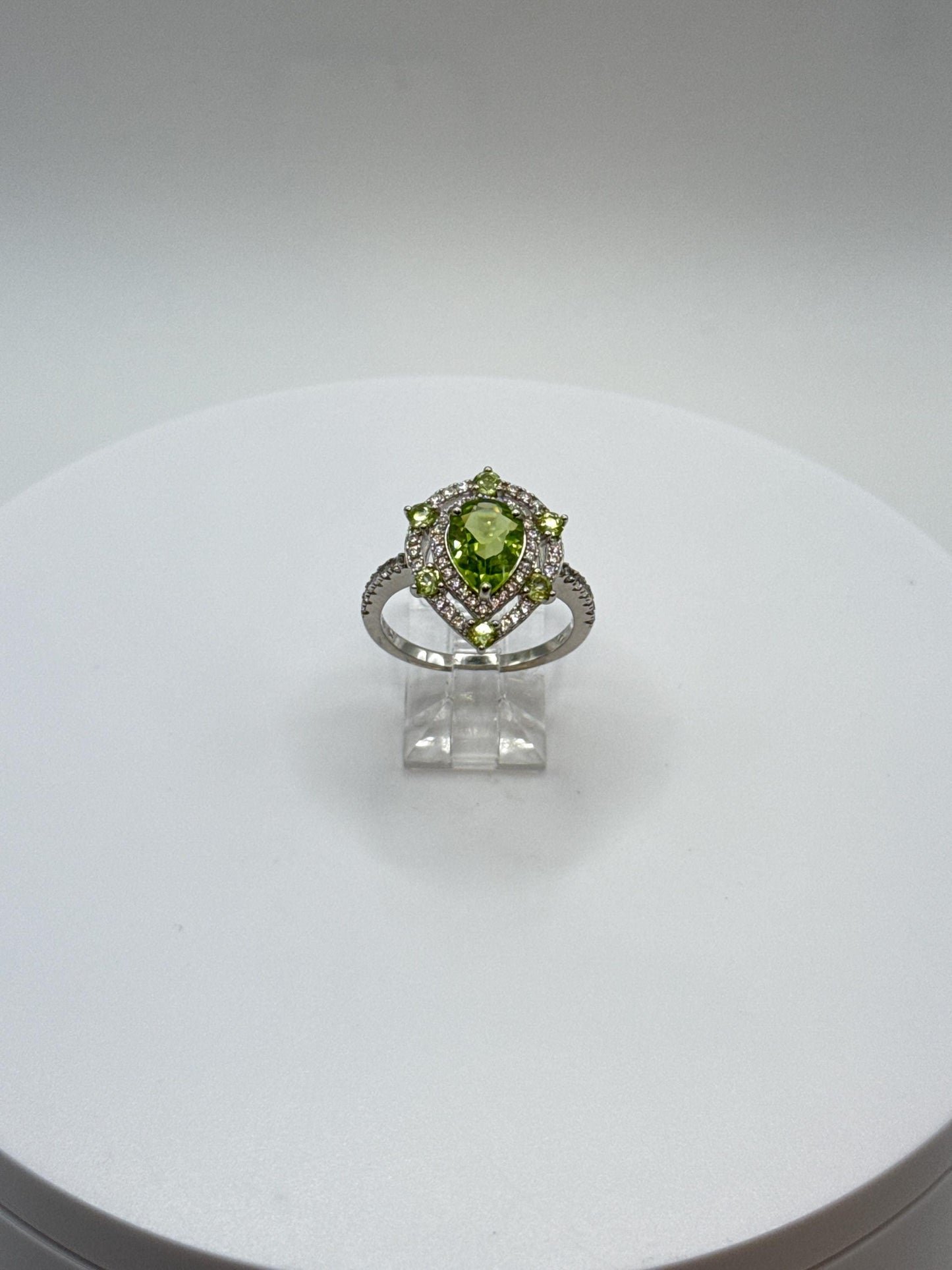 Pear-Shaped Peridot Halo Ring | Sterling Silver, August Birthstone, Size 7.5