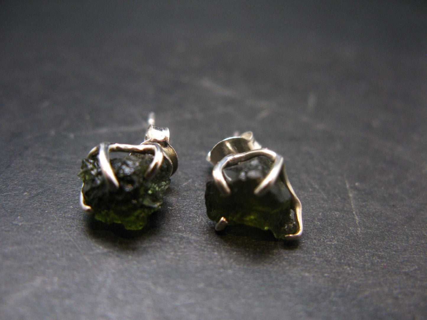 Natural Moldavite Tektite Raw Stud Earrings In Sterling Silver From Czech Republic - 2.10 Grams