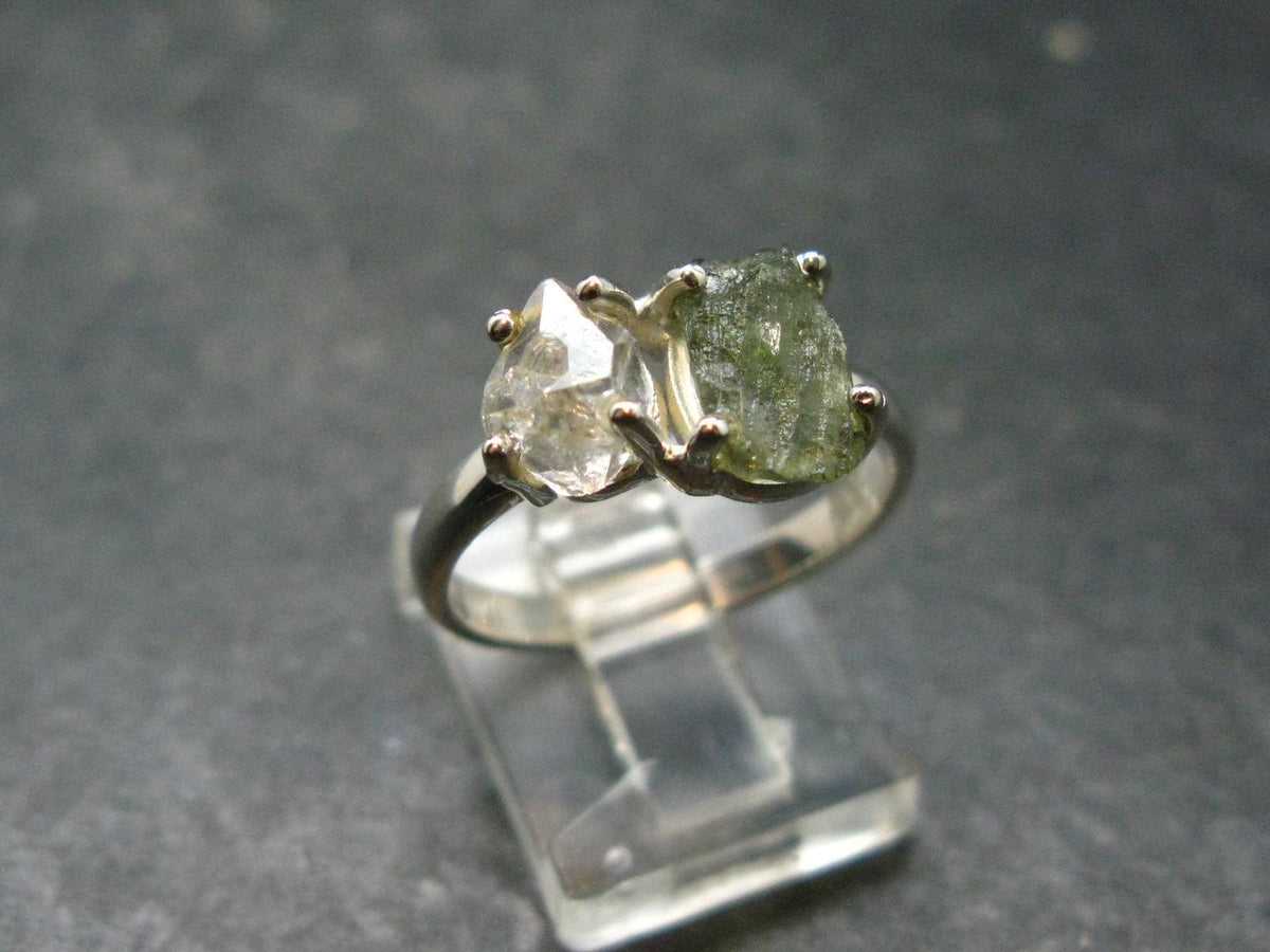 Moldavite Tektite and Herkimer Diamond Silver Ring - Size 8 - 2.80 Grams