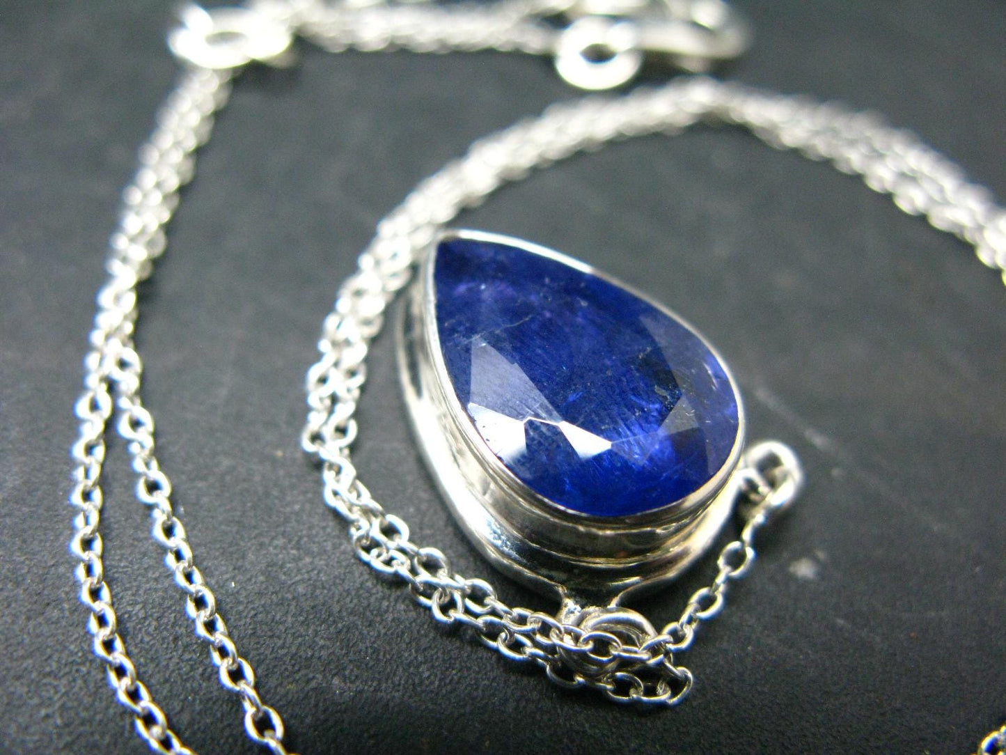 Large Natural Intense Color Faceted Tanzanite Zoisite Sterling Silver Pendant with Silver Chain from Tanzania - 0.7" - 6.38 Grams