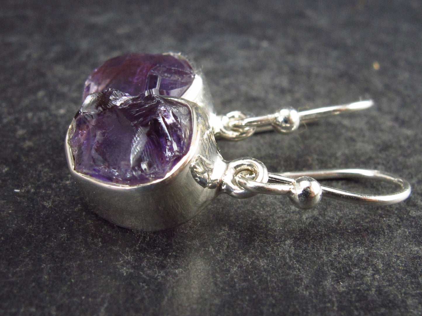 Natural Raw Gemmy Amethyst Crystal Sterling Silver Dangle Shepherd Hook Earrings From Mozambique - 1.0" - 3.2 Grams